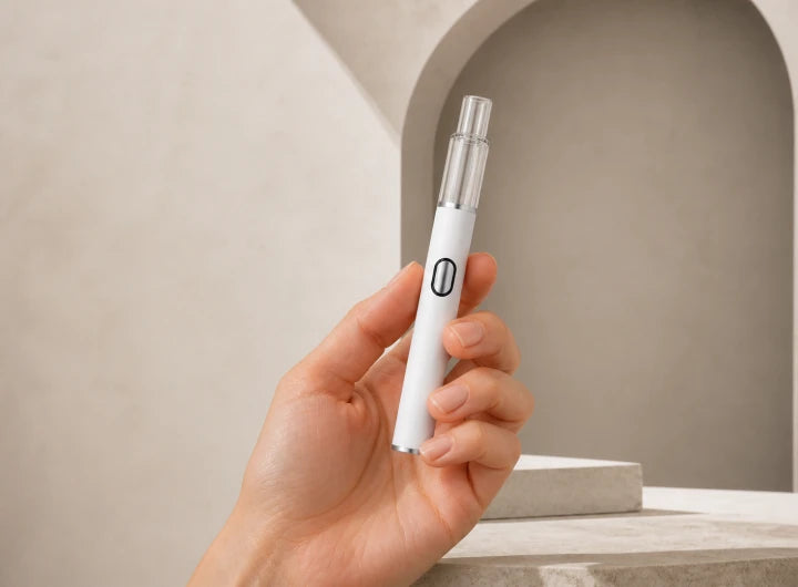 Briar empty 1.0mL glass AIO Briar empty 1.0mL glass AIO held at a slight angle in a warm ivory architectural studio