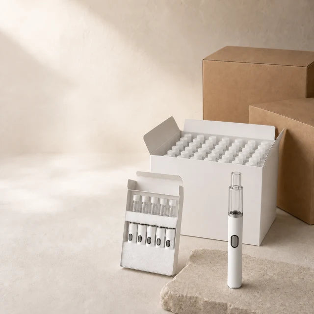 Briar sample, reorder, and wholesale order sizes with the latest product model Latest-reference Briar empty glass AIO beside a 5-piece sample pack, 50-piece reorder carton, and wholesale shipping boxes