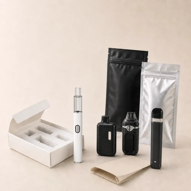 Custom packaging scene with the latest Briar product model Four empty AIO hardware formats with the latest-reference Briar, sample insert, sleeve, and Mylar packaging components