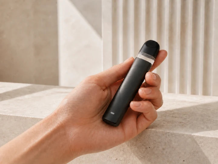 Wisp slim AIO with a clear reservoir and no center post Wisp slim 1.0mL empty AIO resting diagonally across an adult palm with a continuous clear reservoir band