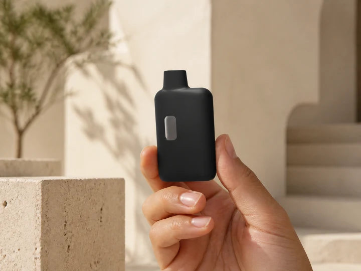 Nook compact AIO in an upright fingertip grip Compact black Nook 2.0mL empty AIO held upright between an adult's fingertips in a warm ivory studio