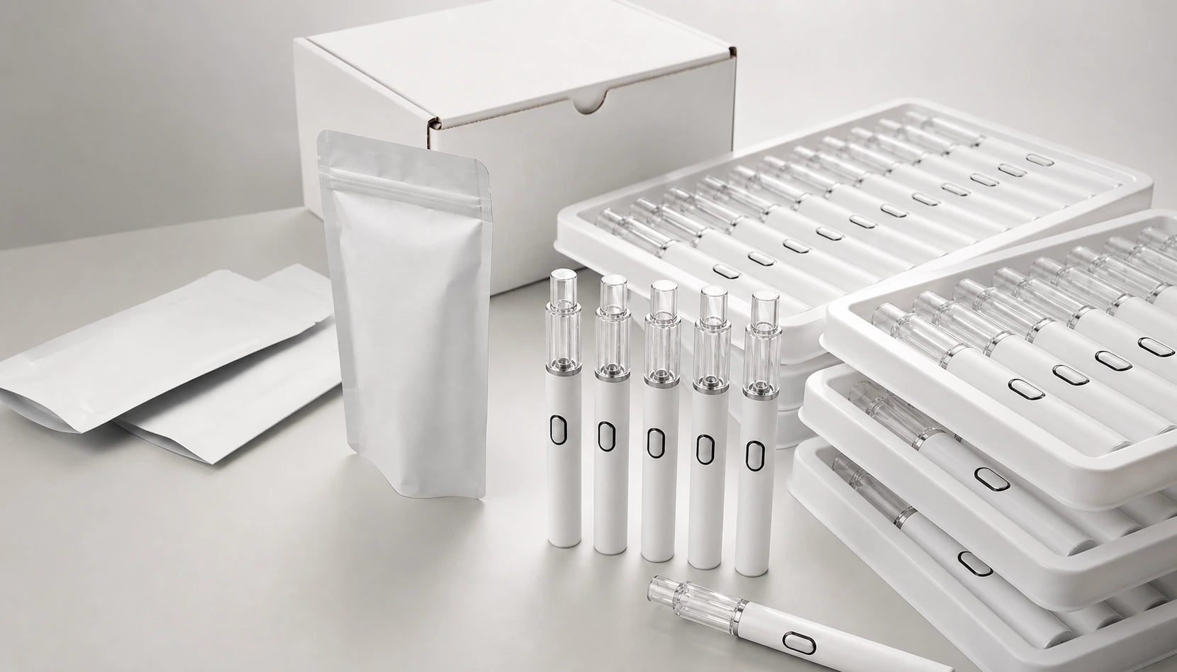 Empty vape hardware prepared for a fill-and-cap workflow