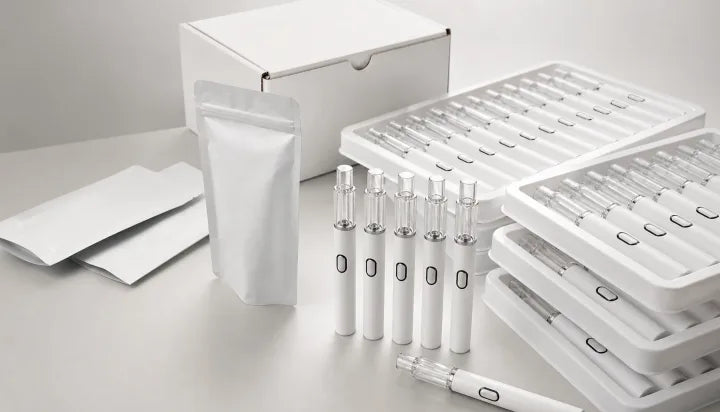 Empty disposable vape pen hardware with matching Mylar packaging