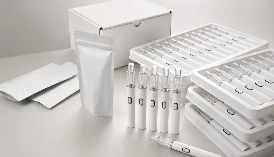 Empty vape hardware prepared for a fill-and-cap workflow