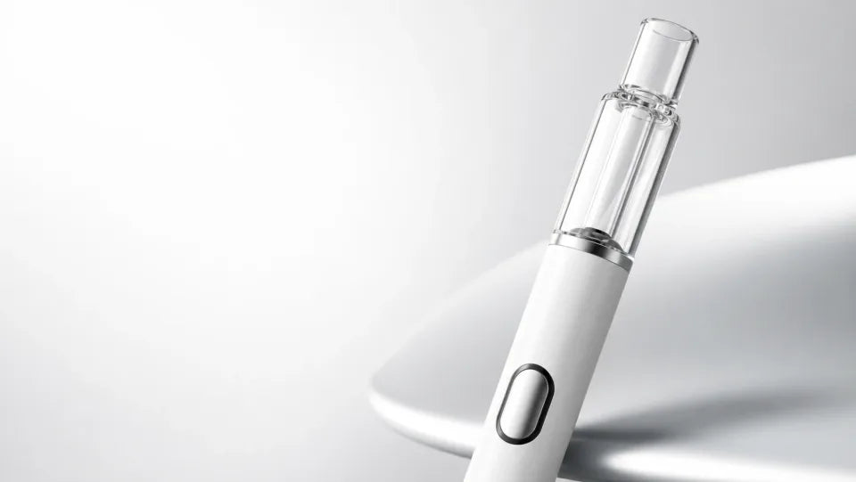 Briar empty disposable vape pen hardware on a warm product stage