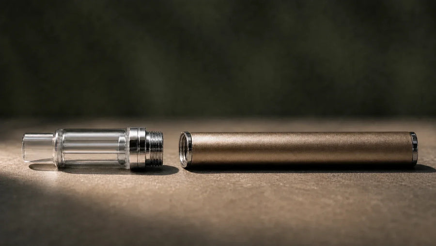 Close-up of an unbranded 510-style cartridge with a straight glass center tube aligned with a longer battery at the threaded connection.