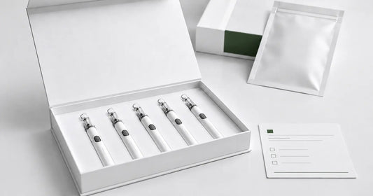 GreenDeagle Briar 5-pack sample kit with empty vape hardware, packaging, and buyer review card