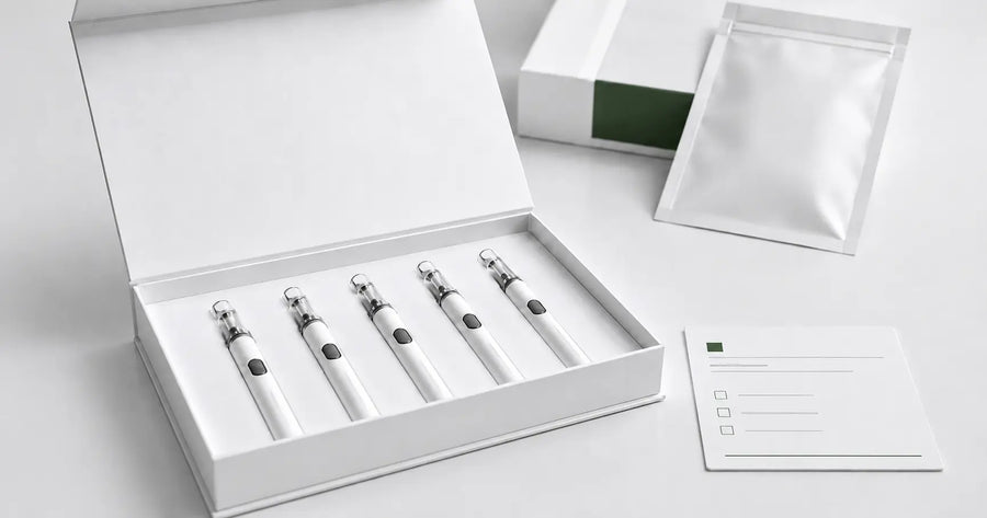 GreenDeagle Briar 5-pack sample kit with empty vape hardware, packaging, and buyer review card