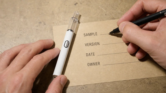 Hands recording sample, version, date, and owner beside a Briar empty Glass AIO on a sample intake sheet.