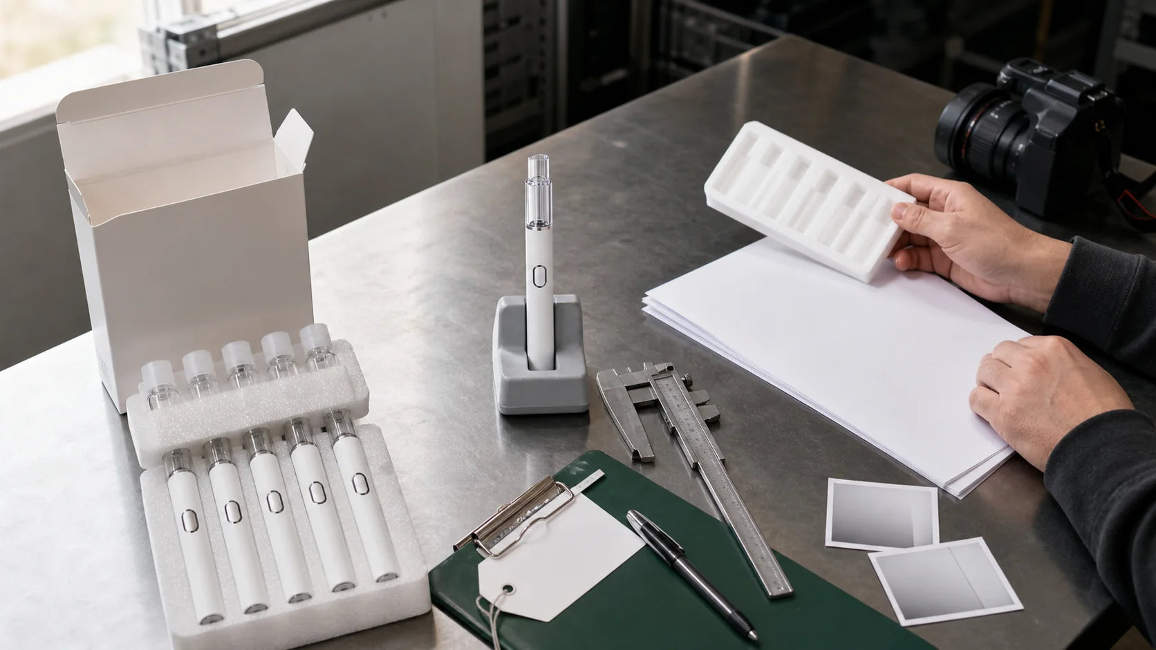A five-unit Briar pack, a retained sample, caliper, order record, and evidence photographs are arranged for a first-order receiving review.