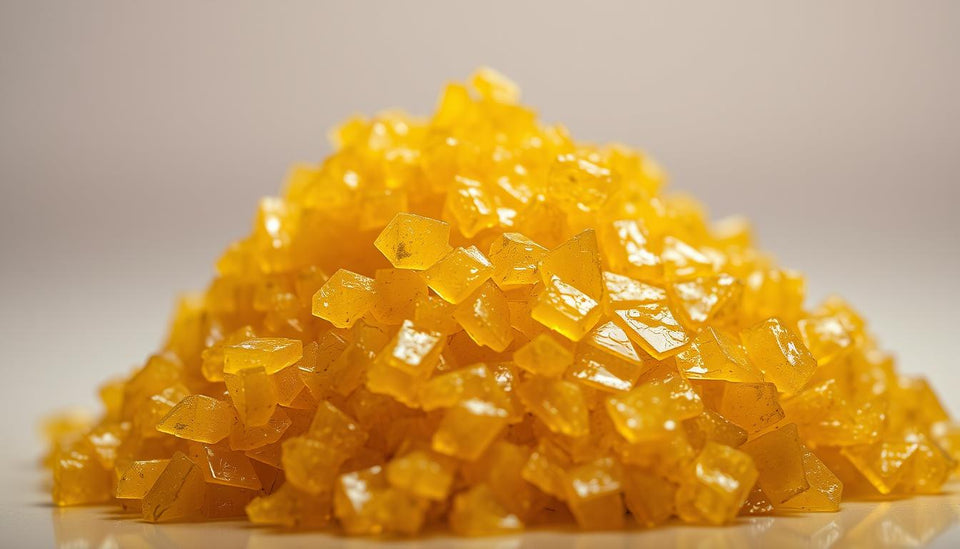 Close-up of amber butane hash oil concentrate crystals.