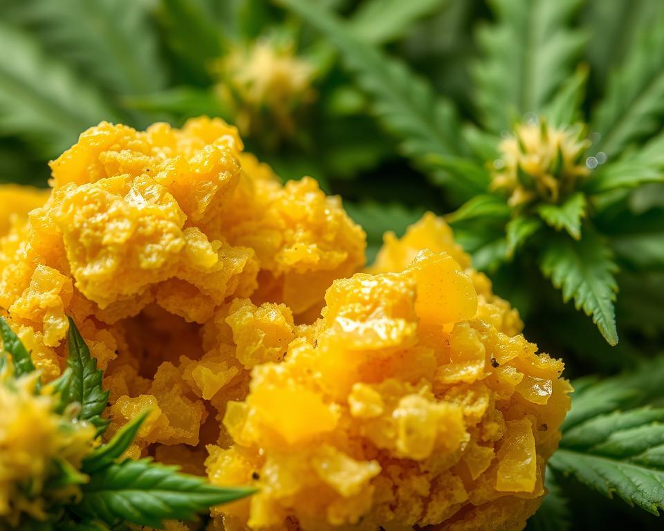 Golden crumble wax with a dry irregular texture beside cannabis leaves.