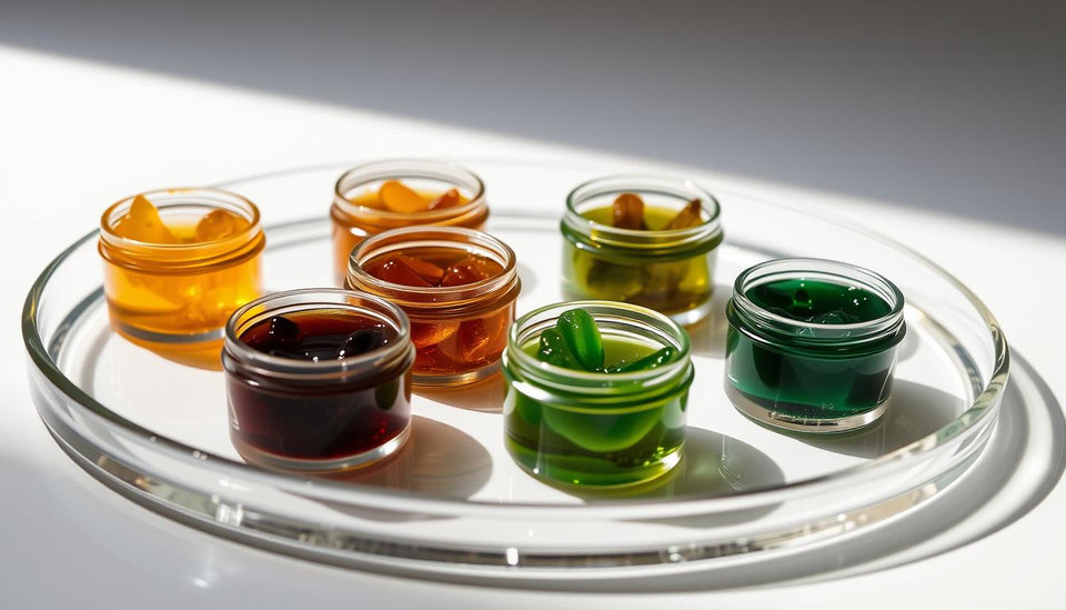 Seven small glass jars of differently colored cannabis rosin on a tray.