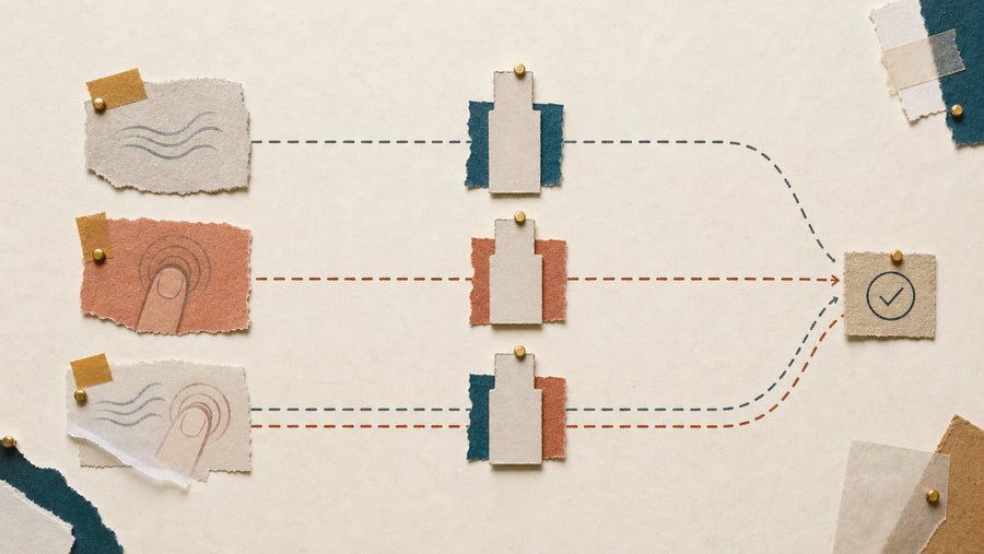 A handmade editorial illustration shows breath, press, and combined activation cues moving through three equal routes to one shared verification point.