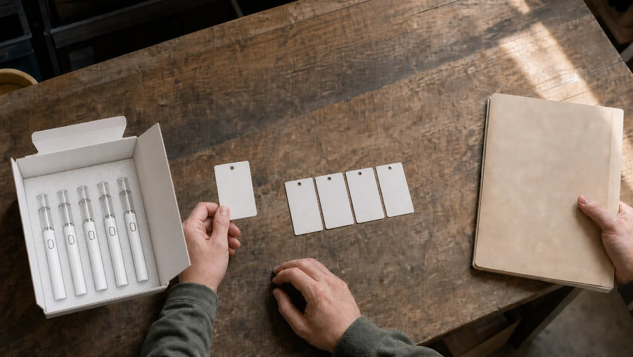 An overhead inventory review shows exactly five Briar devices in verified foam-and-carton packaging, four blank unit tags on the table, a fifth blank tag held by hand, and a blank inventory folder.