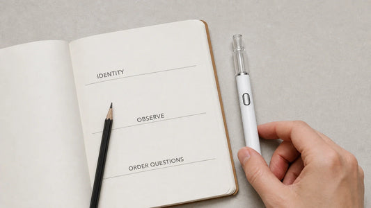 Empty Briar AIO sample beside a notebook separating identity, observations, and order questions.