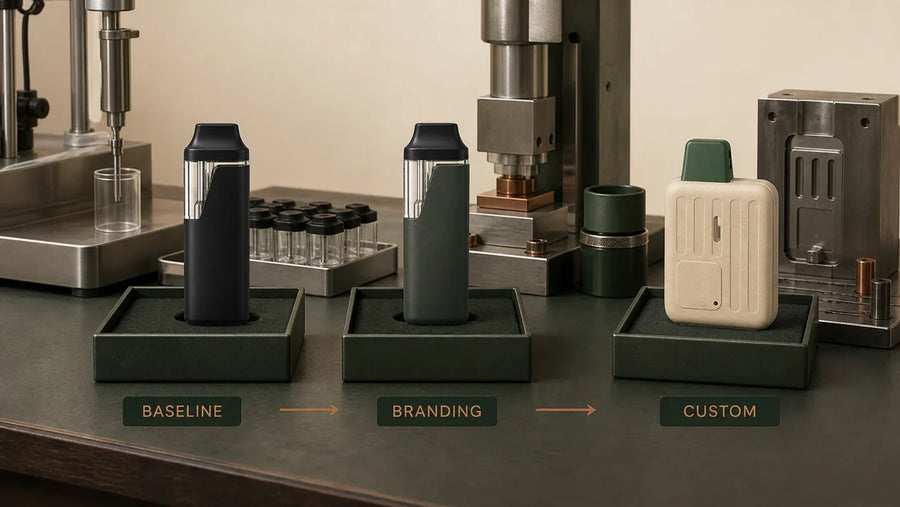 Three sampling routes for empty vape hardware: baseline, branding, and custom development.