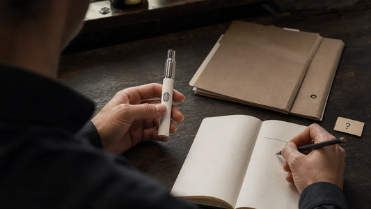 Buyer holding an empty AIO sample beside a notebook before comparing an empty vape hardware supplier.