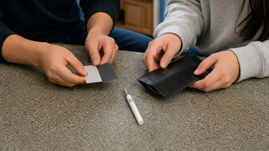 Two buyers reviewing a Briar Glass AIO, Mylar packaging, and finish swatches for a wholesale inquiry.