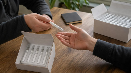 Two buyers handing off one Briar Glass AIO beside the 5-pack sample and 50-pack reorder formats.