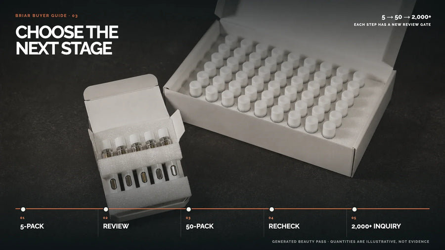 GreenDeagle Briar Glass AIO sample-to-reorder guide showing the 5-pack, review, 50-pack, and 2,000-plus inquiry stages.