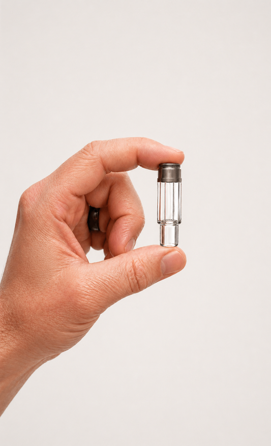 Briar Glass AIO device with glass chamber, mouthpiece, and detached battery
