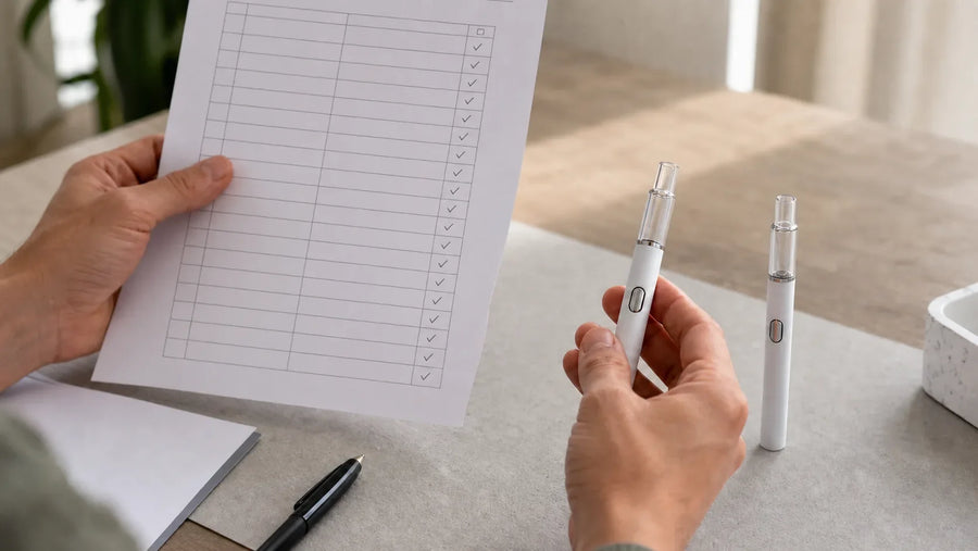 Buyer comparing two same-size Briar Glass AIO samples against a supplier review worksheet.
