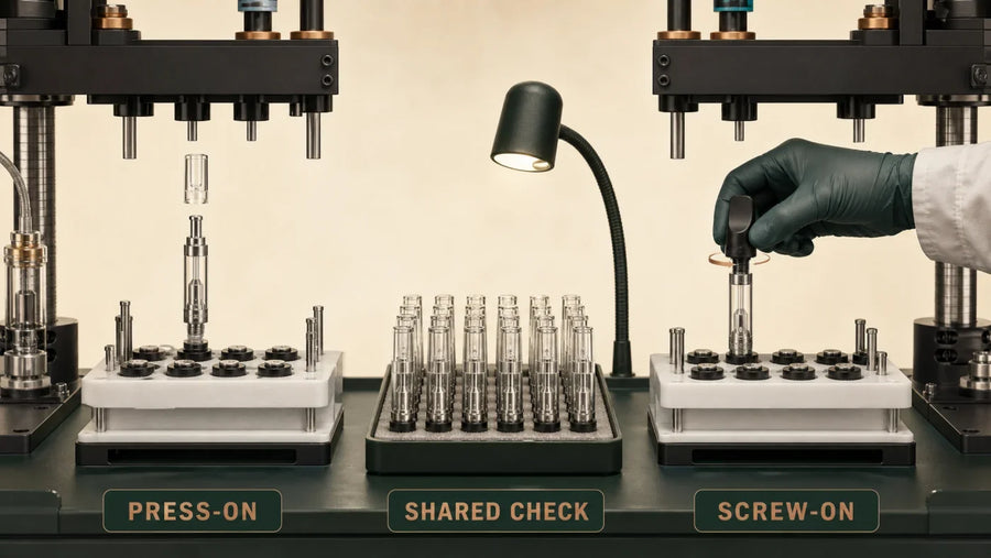Press-on and screw-on mouthpiece routes compared through one shared inspection step.