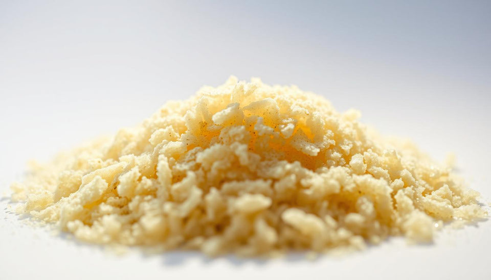 Close-up of pale ice water hash concentrate on a white surface.