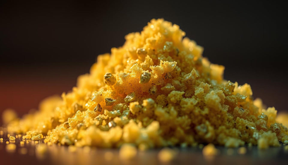 Close-up of golden kief on a dark background.