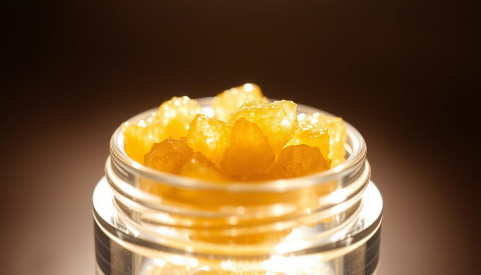 Golden sugar wax concentrate in a clear glass jar.