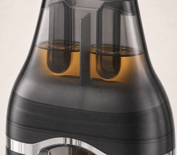 Lumen black dual-chamber empty disposable vape hardware with official display UI — Two independent 1.0mL reservoirs