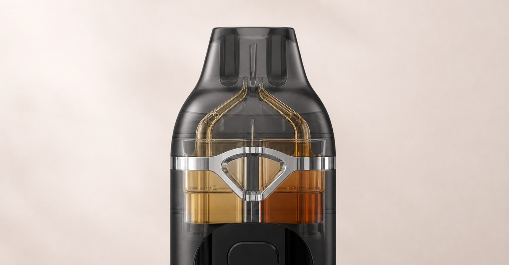 Lumen black dual-chamber empty disposable vape hardware with official display UI — Both heaters, one shared mouthpiece