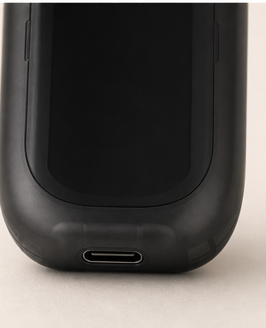 Lumen black dual-chamber empty disposable vape hardware with official display UI — Official V/S display behavior