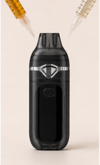 Lumen black dual-chamber empty disposable vape hardware with official display UI — fill step