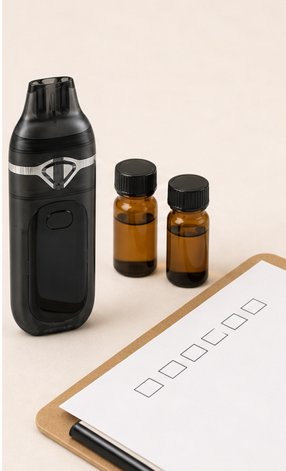 Lumen black dual-chamber empty disposable vape hardware with official display UI — evaluate step