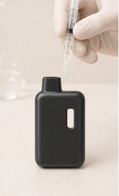 Nook compact matte-black 2mL empty disposable vape hardware — fill step