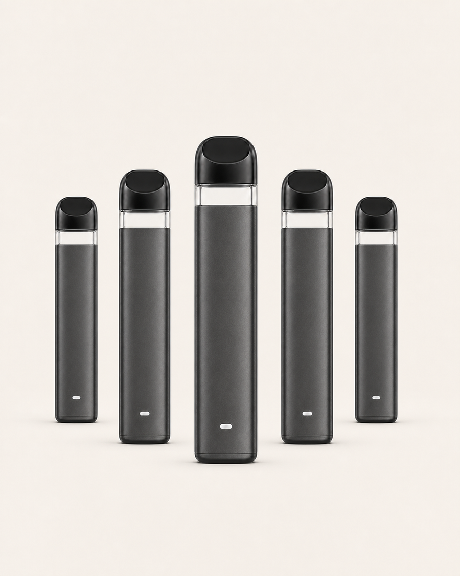 Wisp slim black-grey 1mL empty rosin disposable vape hardware — five-piece sample arrangement