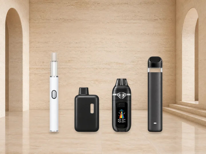 Briar, compact Nook, reference-scaled Lumen, and Wisp empty AIO hardware photographed together in a warm travertine studio