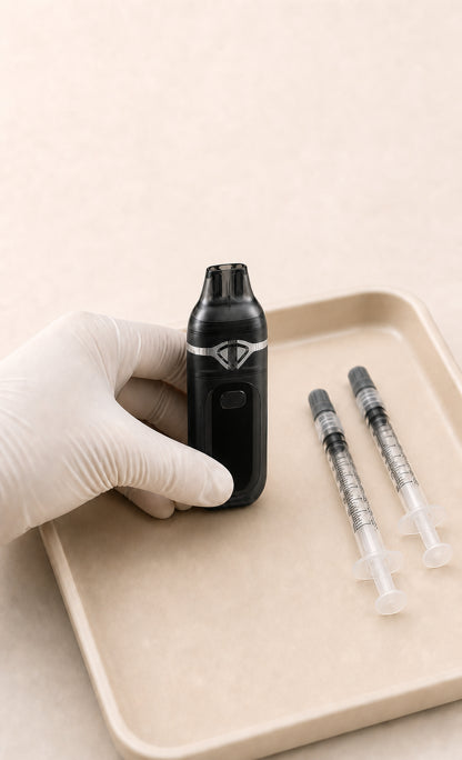 Gloved hand beside compact Lumen dual-chamber empty disposable hardware and two syringes during preparation.
