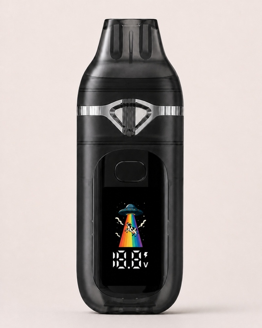 Lumen black dual-chamber empty disposable vape hardware front view with balanced studio spacing