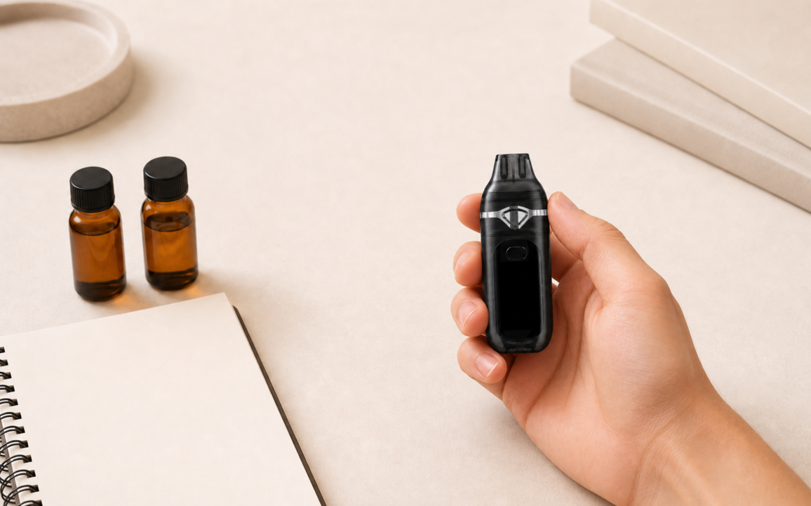 Lumen black dual-chamber empty disposable vape hardware with official display UI — buyer value and format