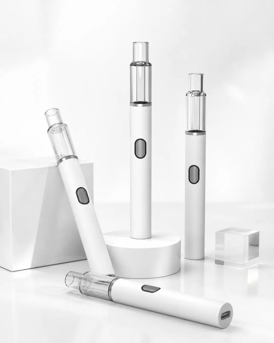 Briar Glass AIO empty vape hardware lineup for small-batch operators — 1.0mL devices staged for 5-pack sample, 50-pack reorder, and wholesale fill-and-cap runs