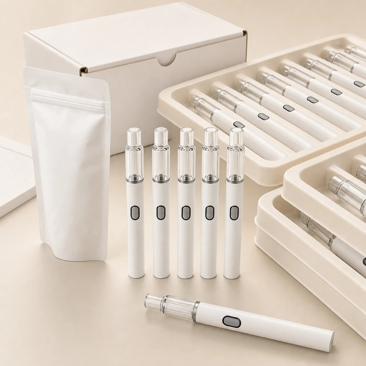 Briar Glass AIO white pen with sample tray and reorder support packaging